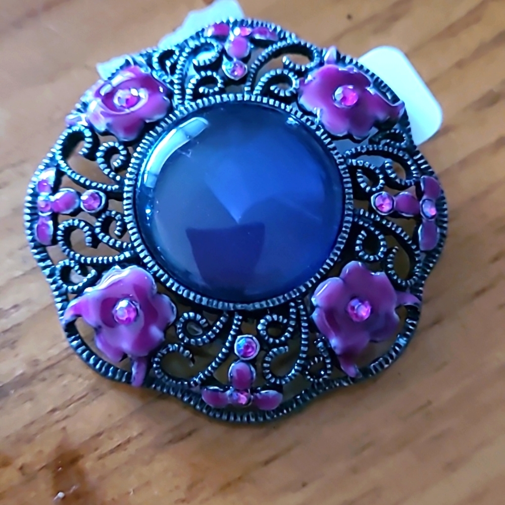Large round Pot Metal Brooch with   Center Crystal and enamel flowers